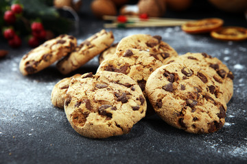 Chocolate cookies on rustic table. Chocolate chip cookies shot