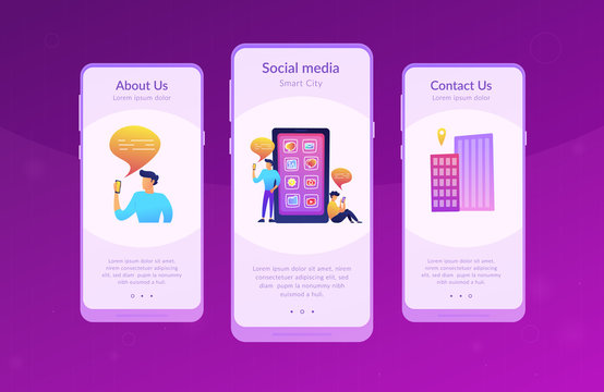 Men near huge smartphone with application icons on the screen checking social media and news feeds. Social media and news tips landing page. UI UX GUI app interface template.
