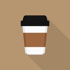 Disposable coffee cup icon with long shadow on brown background, flat design style