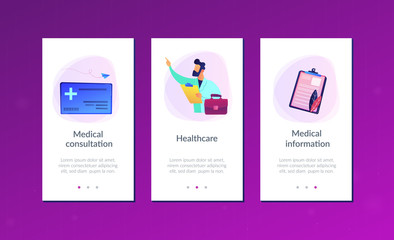 Healthcare smart card and doctor. Digital health and medical consultation, medical information smart card, healthcare organization card concept, violet palette. UI UX GUI app interface template.