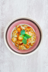 Dish made with cooked duck meat, dehydrated potato, fresh cream of mushroom and cheese
