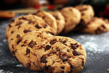 Chocolate cookies on rustic table. Chocolate chip cookies shot