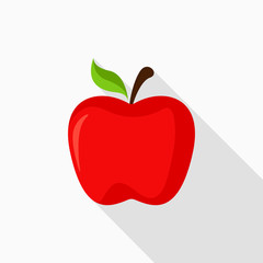 Red apple icon with long shadow on gray background, flat design style