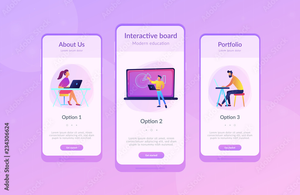 Poster students with laptop and lector in front of interactive board. digital classroom landing page. blend