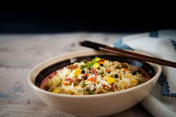 Cantonese fried basmati rice with ham and eggs