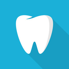 Teeth icon with long shadow on blue background, flat design style
