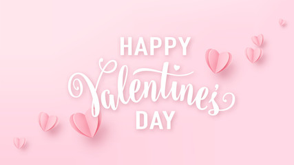 Valentines day background with light pink paper hearts and white text sign. Love heart graphic design for greeting cards, banner, flyer. Vector illustration