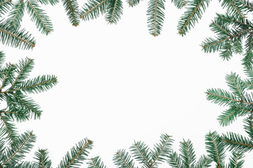 Christmas minimal composition. Coniferous tree branches on white background. Christmas, New Year, winter concept. Flat lay, top view, copy space