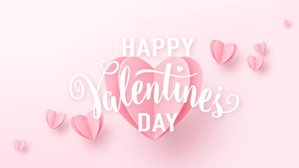 Valentines day background with light pink paper hearts and white text sign. Love heart graphic design for greeting cards, banner, flyer. Vector illustration
