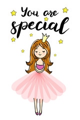 Cute little princess is cuddeling yourself. You are special text. Vector isolated illustration