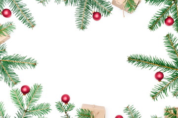 Fototapeta na wymiar Christmas holiday composition. Xmas gifts and decorations, fir tree branches on white background. Christmas, New Year, winter concept. Flat lay, top view, copy space 