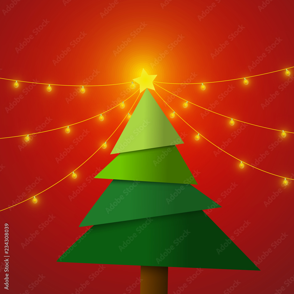 Poster vector : christmas tree with lightbulb on red background