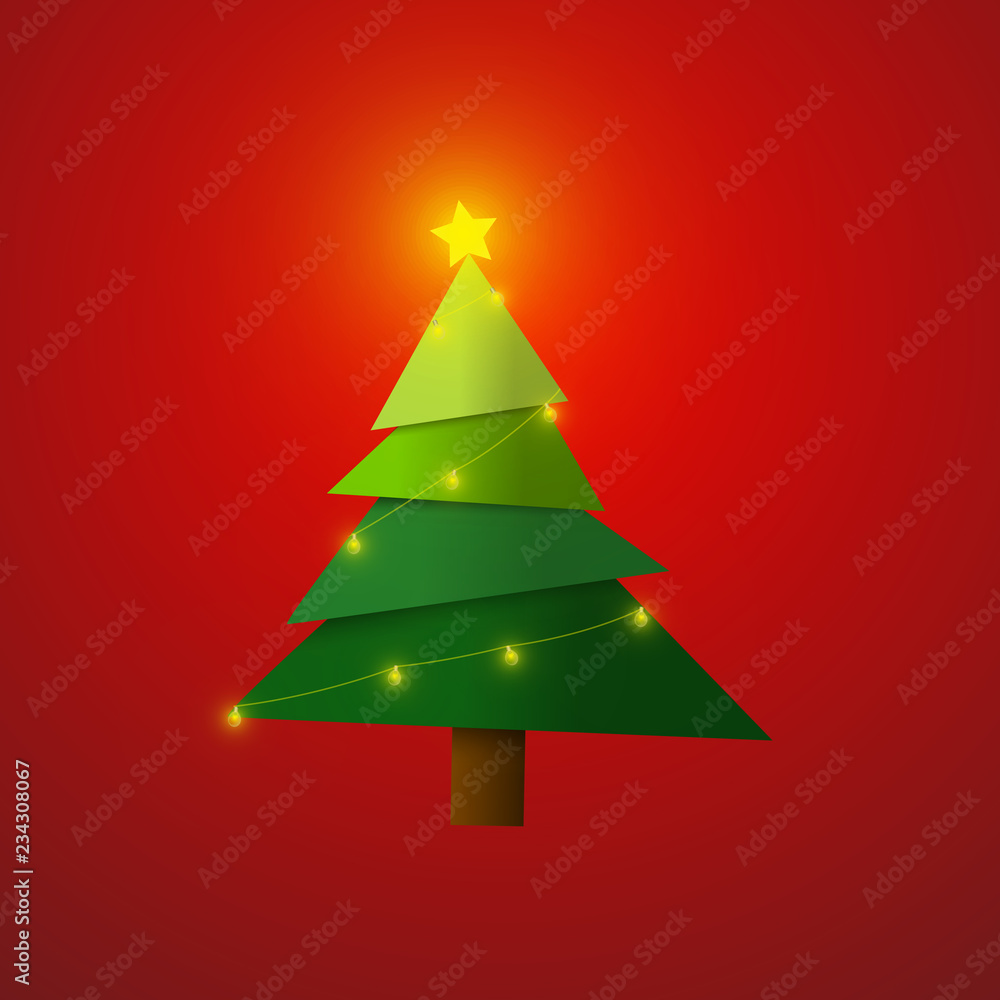 Poster vector : christmas tree with lightbulb on red background