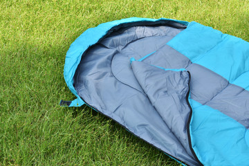Sleeping bag unzip and closeup inner polyester.