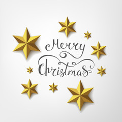 Fototapeta premium Merry Christmas calligraphic inscription decorated with golden stars