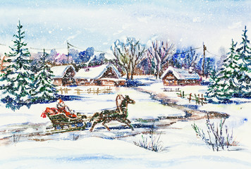 Obraz premium Watercolor painting: New Year winter willage landscape with Santa