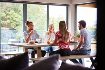 Multi ethnic group of four young adult friends talking and smiling during a dinner party