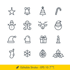 Christmas Related Icons / Vectors Set - In Line / Stroke Design | Contains Such star, bell, tree, candy cane, snowman, gingerbread man, deer, santa claus, hat, mitten, present, candle, sock, snowflake