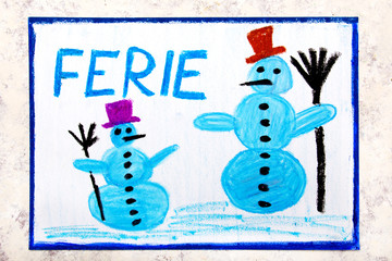 Colorful drawing of the page: Two smiling snowmans and the Polish word WINTER VACATION - obrazy, fototapety, plakaty