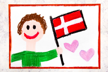 Colorful drawing: Happy man holding flag Danish flag. Flag of Denmark and smiling boy