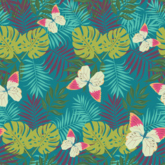 Beautiful seamless vector floral summer pattern background with tropical palm leaves, flowers and butterfly for wallpapers, web page backgrounds, surface textures, textile