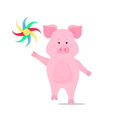 Obraz na płótnie Canvas Cute pig walks and keeps a pinwheel toy. Funny animal. Piggy Cartoon Character. The symbol of the Chinese New Year 2019.