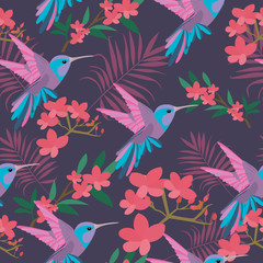 ПечатьBeautiful seamless vector floral summer pattern background with tropical palm leaves, flowers and birds for wallpapers, web page backgrounds, surface textures, textile