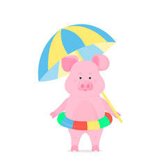 Cute pig on a beach vacation with an inflatable swimming circle and a sun parasol. Funny animal. Piggy Cartoon Character. The symbol of the Chinese New Year 2019.
