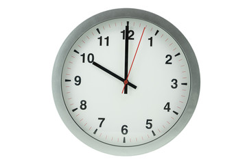Clock on an isolated, white background close-up.