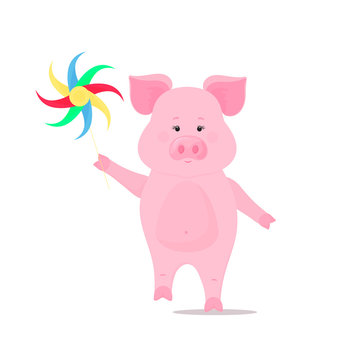 Cute pig walks and keeps a pinwheel toy. Funny animal. Piggy Cartoon Character. The symbol of the Chinese New Year 2019.