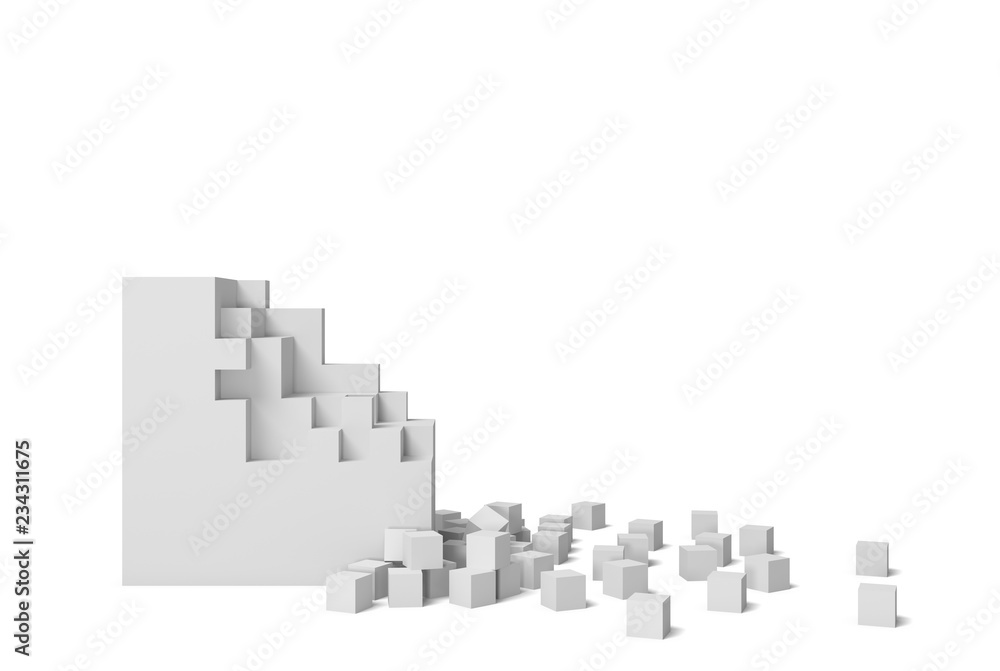 Poster 3d rendering of a white square on a white background starting to get destroyed piece by piece.