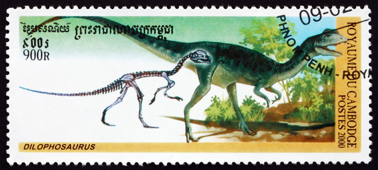 Postage stamp Cambodia 2000 dilophosaurus, dinosaur