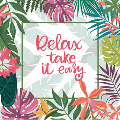Tropical card for invitation, greeting card, promotion, business card and others, with tropical plant and flowers and lettering quotes. Editable vector illustration
