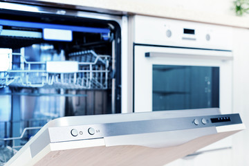 Home appliance dishwashing machine in kitchen interior, no people