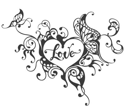 Love hand drawn lettering text in heart frame with butterfly
