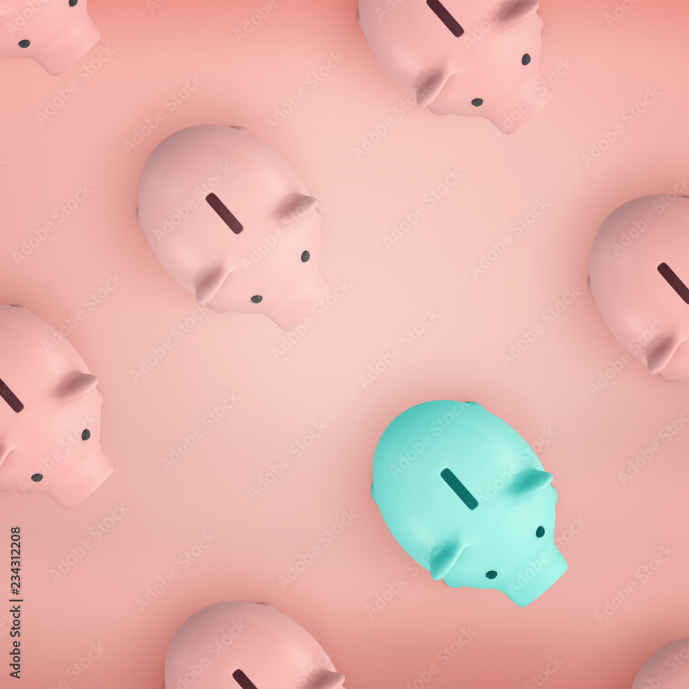 Poster 3d rendering of top view on a single pink piggy bank standing in rows of identical pink ones.
