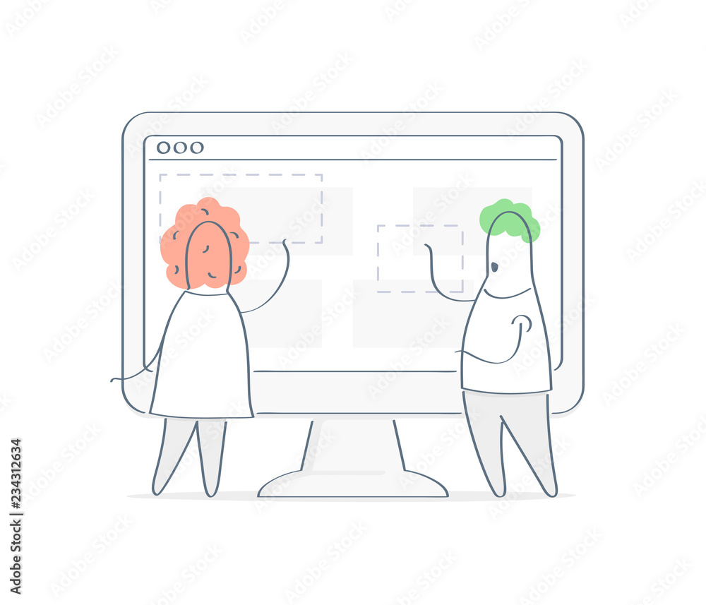 Fototapete Two cute cartoon characters interacting, working on computer display interface, website design, content or layout creation, landing page creation, project management concept. Flat linear vector