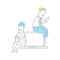 Work online, networking, chatting. Cartoon man and woman sitting on the laptop or notebook, surfing web using smartphones
