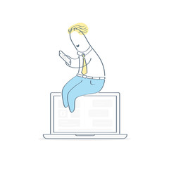 Work online, networking, chatting. Cartoon man sitting on the laptop or notebook, surfing web using mobile gadget