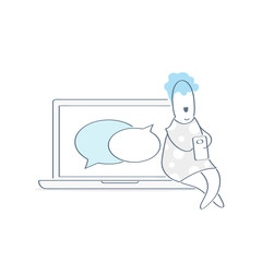 Work online, networking, chatting, messaging. Cute cartoon woman sitting on the laptop or notebook, surfing web using smartphones. Chat bubbles on computer display