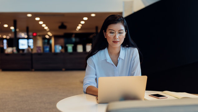 Beautiful elegant Thai businesswoman working on her laptop.