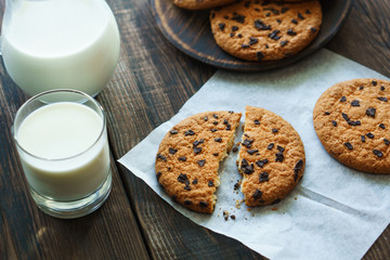 sweet homemade biscuits, handcrafted pastry, family recipe. chocolate chip cookies and glass of milk