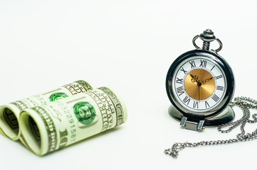 Fototapeta na wymiar Money conception, dollar banknotes with pocket watch, money investment make profit on rush hour.