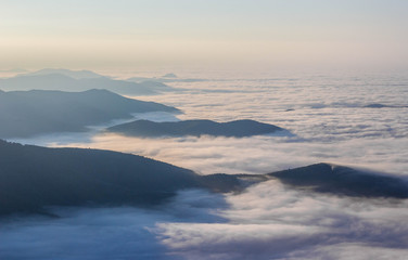Beautiful sunset in the Crimean mountains, Crimea. Majestic sunset in the mountains landscape with sunny beams.