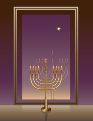 The Holiday Of Hanukkah . Hanukkah candlestick on the background of the window .