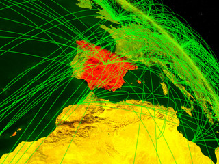 Spain from space on model of digital planet Earth with network. Concept of digital technology, connectivity and travel.