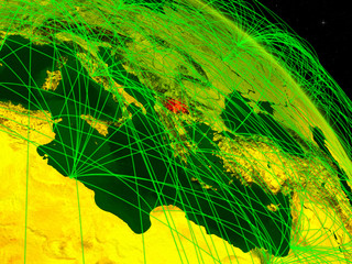 Macedonia from space on model of digital planet Earth with network. Concept of digital technology, connectivity and travel.