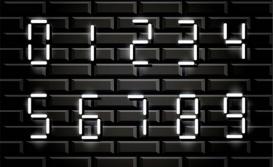 Neon white electronic digital numbers on grunge brick wall. Vector