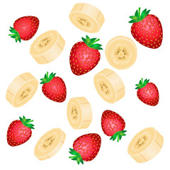 Falling red strawberries and yellow banana slices isolated on white background.