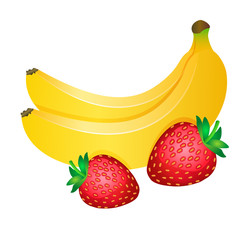 Two yellow bananas and red strawberries isolated on white background.